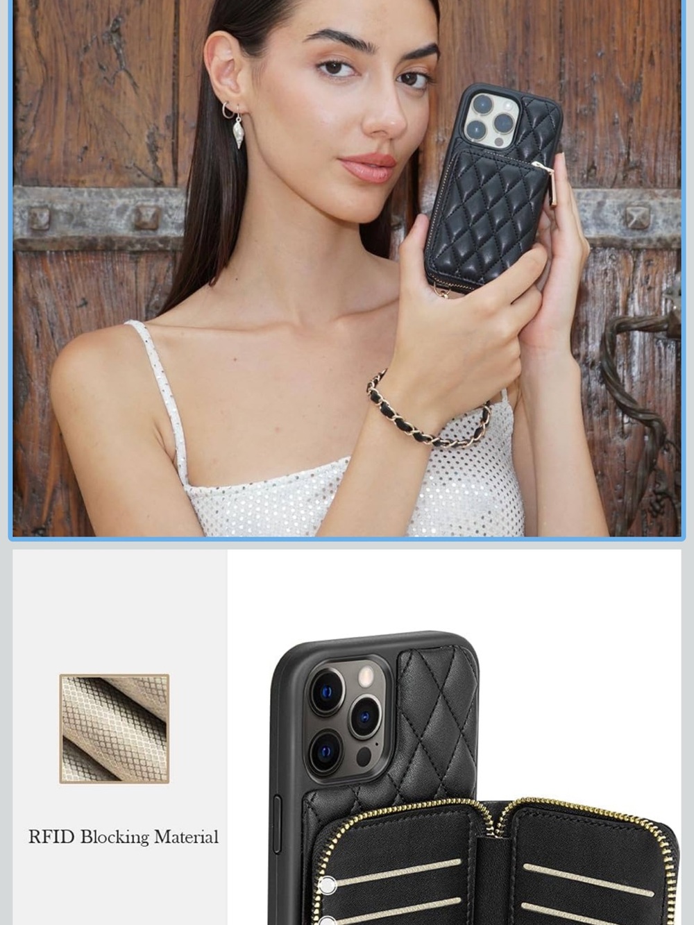 Quilted Crossbody Card Holder Phone Case for iPhone 12 Pro Max - Black and Cream - Picture 4 of 11